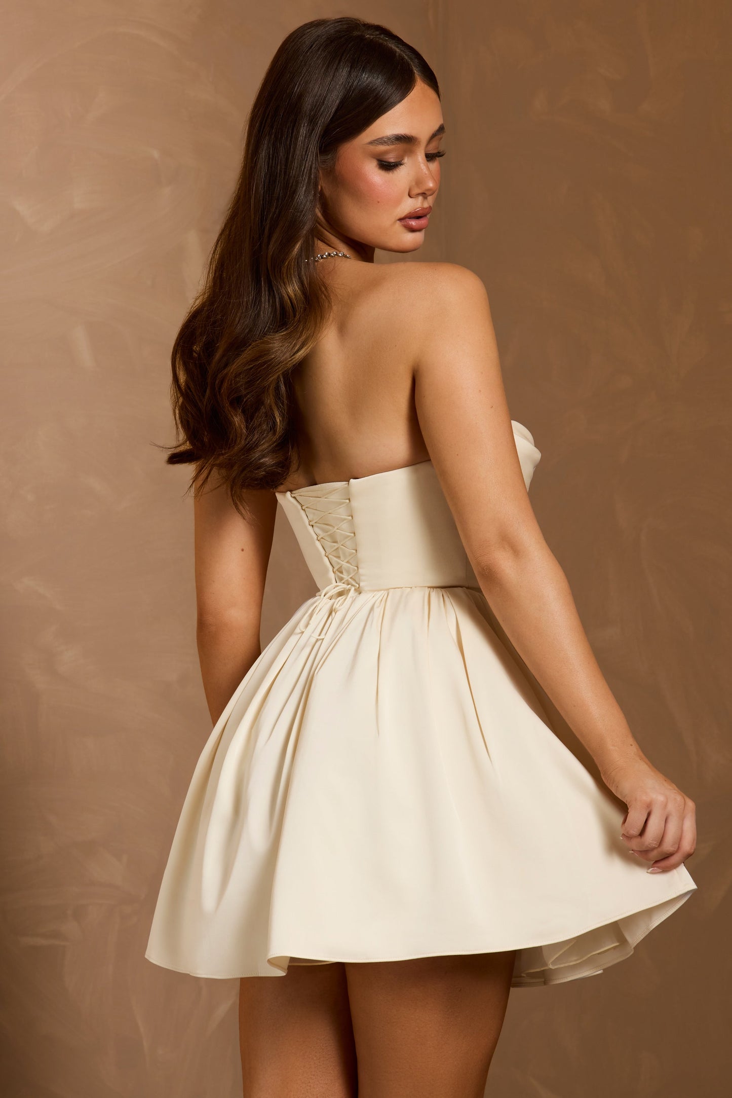 Cowl-Neck Corset Mini Dress in Ivory