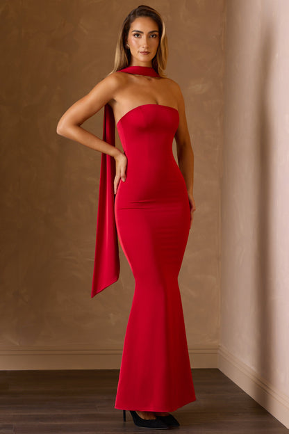 Scarf-Detail Strapless Gown in Scarlet Red