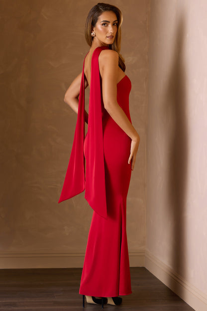 Scarf-Detail Strapless Gown in Scarlet Red