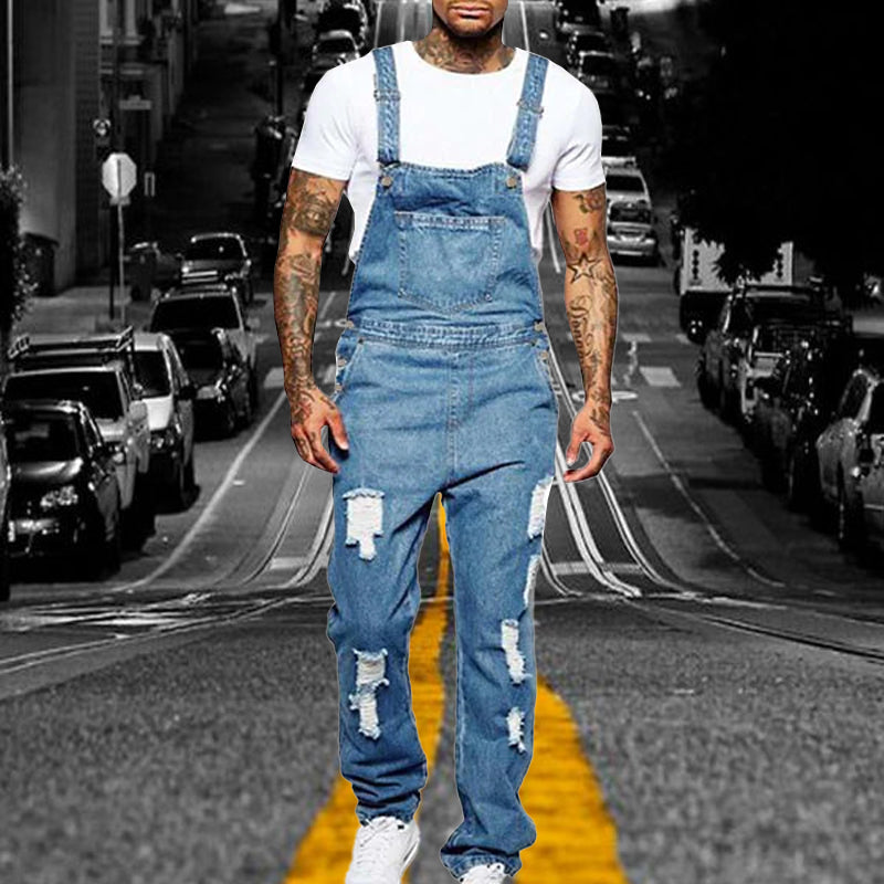 Men's Casual Ripped Denim Overalls 40221493M