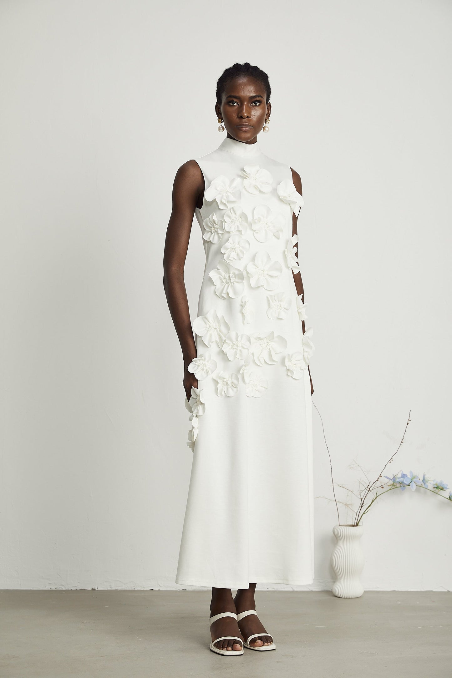 Magali™ | bow-tie faux-flower embellished sleeveless maxi dress in White