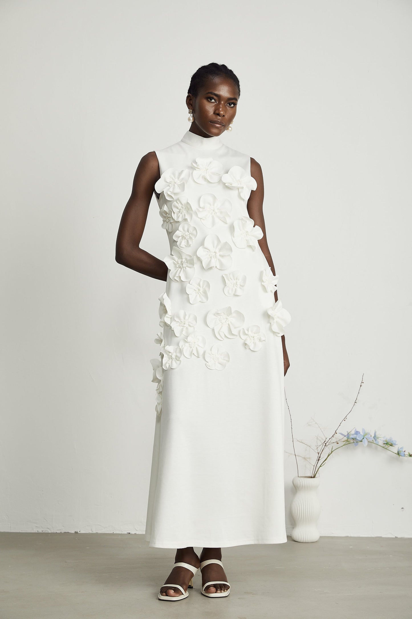 Magali™ | bow-tie faux-flower embellished sleeveless maxi dress in White