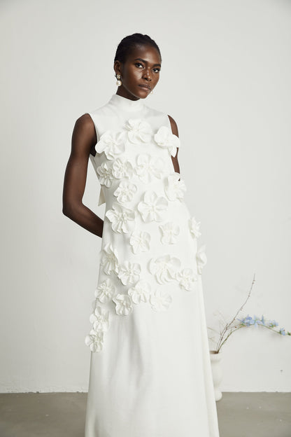 Magali™ | bow-tie faux-flower embellished sleeveless maxi dress in White