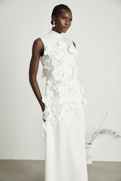 Magali™ | bow-tie faux-flower embellished sleeveless maxi dress in White