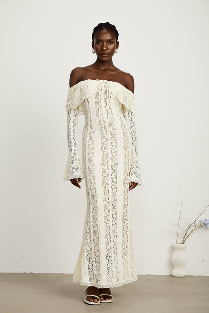 Émeline™ | floral lace flared-cuff maxi dress in Neutrals