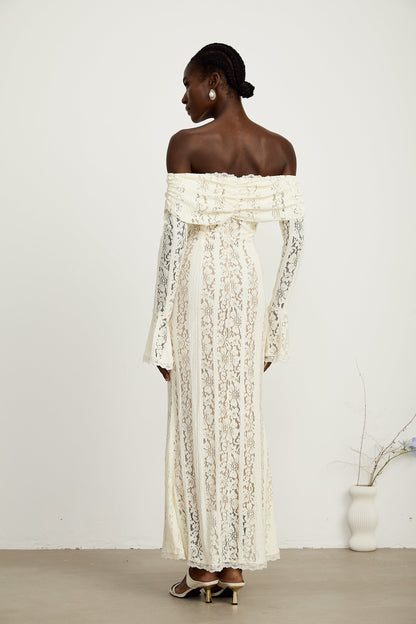 Émeline™ | floral lace flared-cuff maxi dress in Neutrals