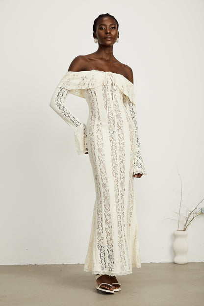 Émeline™ | floral lace flared-cuff maxi dress in Neutrals