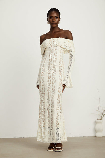 Émeline™ | floral lace flared-cuff maxi dress in Neutrals