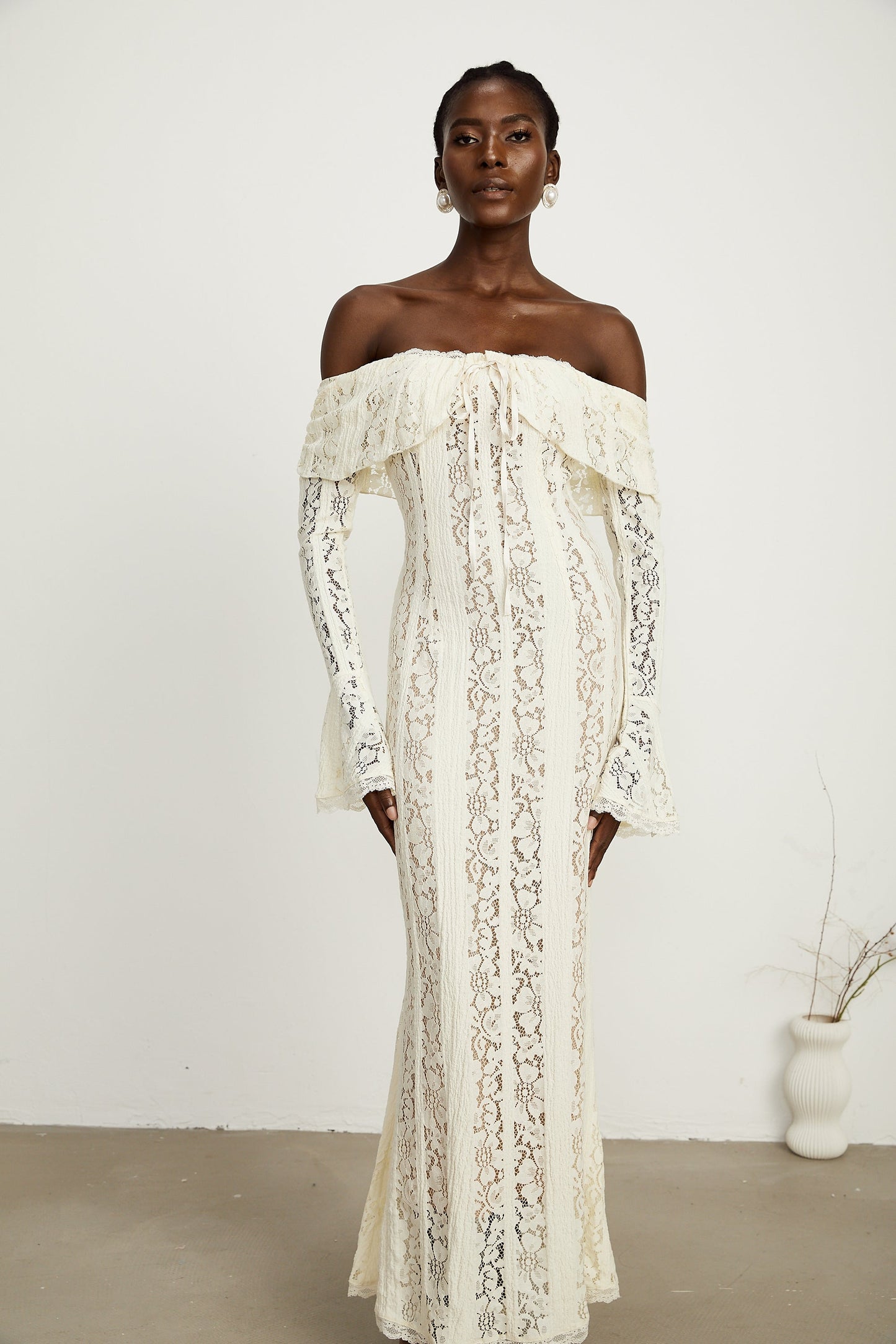 Émeline™ | floral lace flared-cuff maxi dress in Neutrals