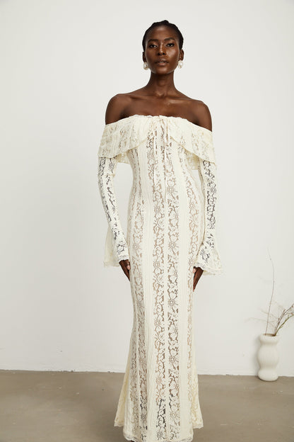 Émeline™ | floral lace flared-cuff maxi dress in Neutrals