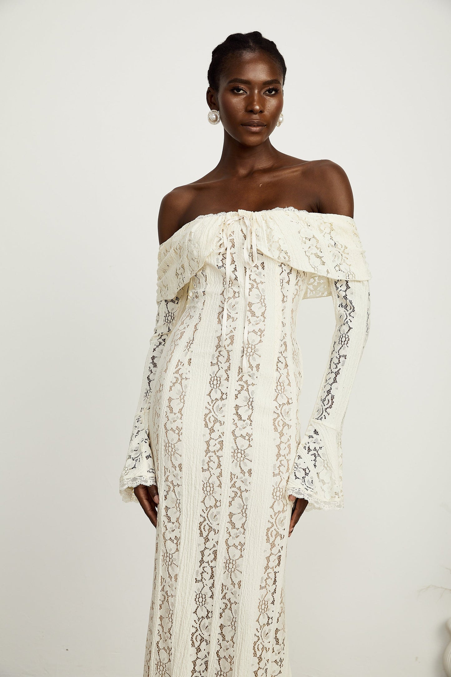 Émeline™ | floral lace flared-cuff maxi dress in Neutrals