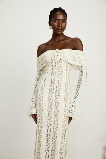 Émeline™ | floral lace flared-cuff maxi dress in Neutrals