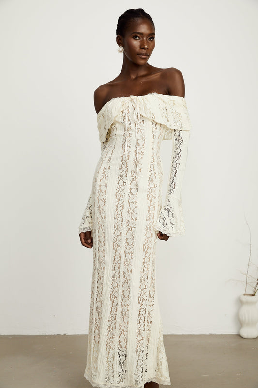 Émeline™ | floral lace flared-cuff maxi dress in Neutrals