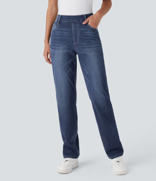 Halara Flex™ High Waisted Multiple Pockets Straight Leg Washed Stretchy Knit Casual Jeans