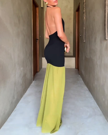 Sexy V-neck Backless Contrast Dress