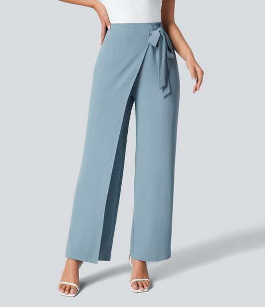 High Waisted Tie Side Invisible Zipper Wide Leg Work Pants