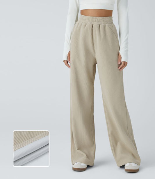 High Waisted Side Pocket Straight Leg Mop Corduroy Casual Pants