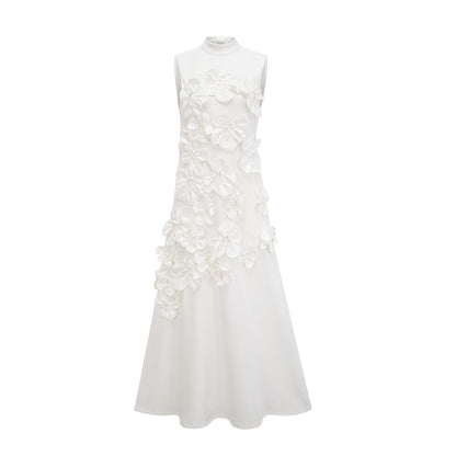 Magali™ | bow-tie faux-flower embellished sleeveless maxi dress in White