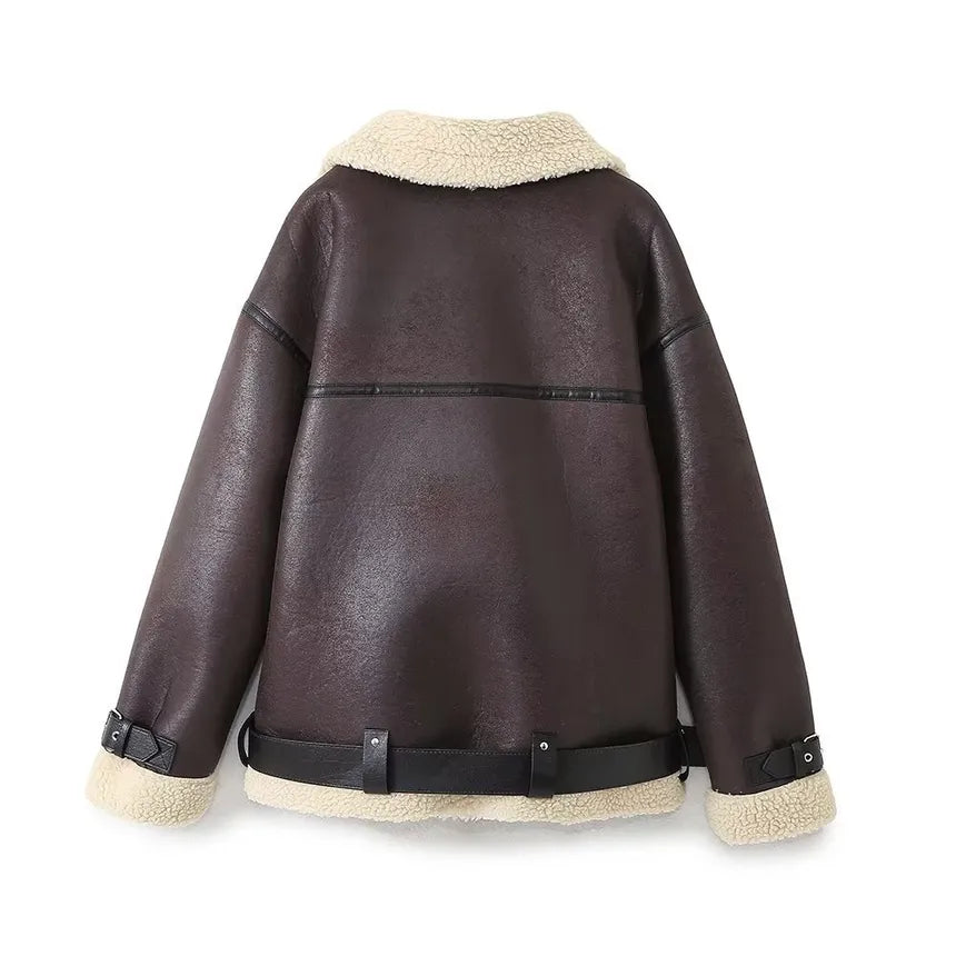 Debra™  | Brown Collared Faux Shearling Jacket