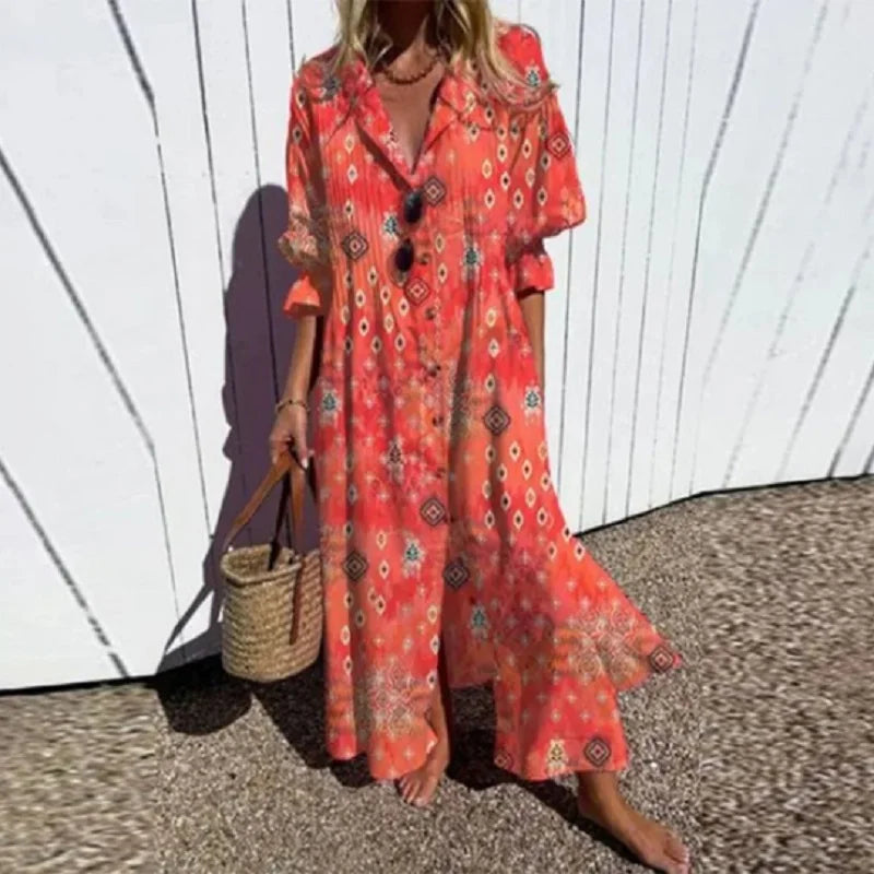 Sienna - Flowing boho dress with vibrant patterns and deep V-neck