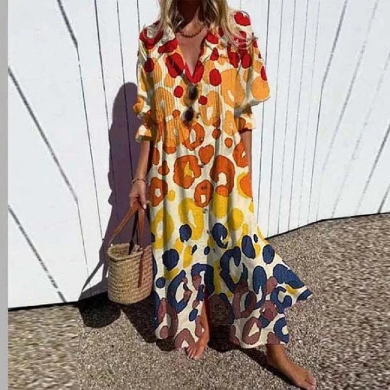 Sienna - Flowing boho dress with vibrant patterns and deep V-neck