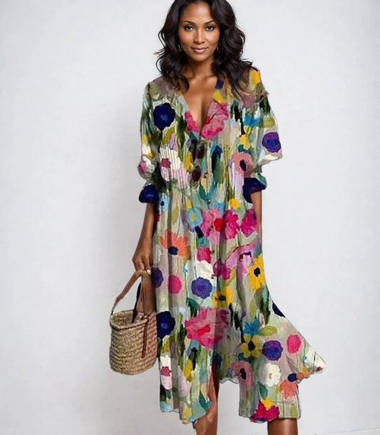 Sienna - Flowing boho dress with vibrant patterns and deep V-neck