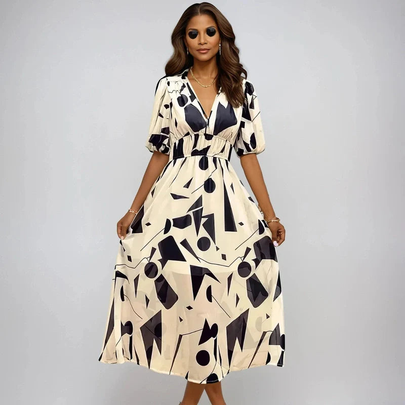 Leona - Chic puff-sleeve midi dress for elegant occasions