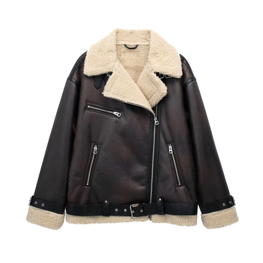 Debra™  | Brown Collared Faux Shearling Jacket