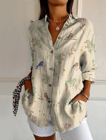 Vintage Small Birds Print Blouse