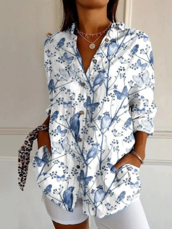 Vintage Blue Bird Print Blouse