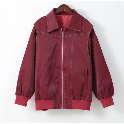 Thalynne™ | Red Oversized Leather Zipper Jacket