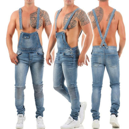 Men's Fashion Solid Color Ripped Denim Overalls 39074979Y