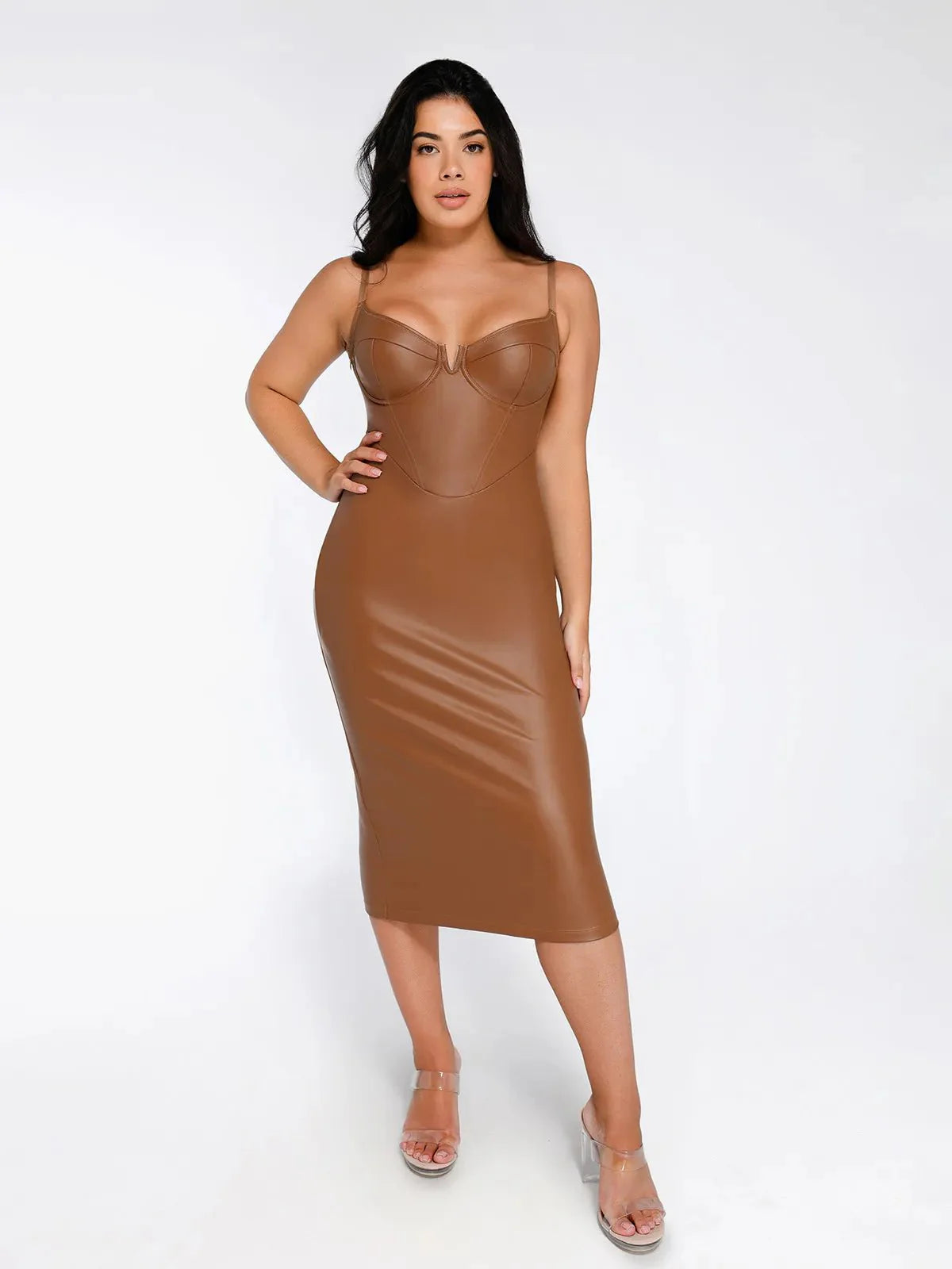 Shapewear Faux Leather Hourglass Corset Midi Dress