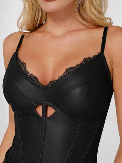 Shapewear Faux Leather Hourglass Cutout Corset Bodysuit