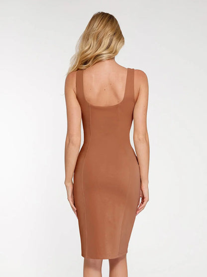 Shapewear Faux Nubuck Bodycon Sculpting Slit Midi Dress