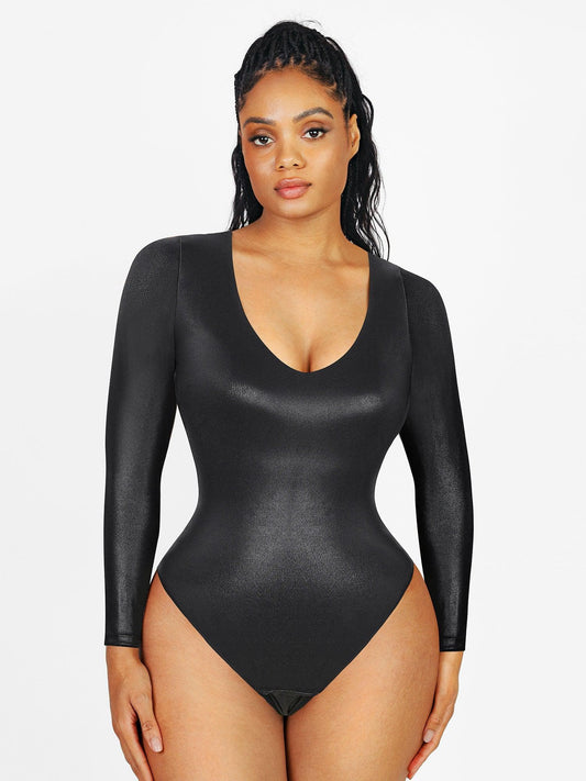 Shapewear Long Sleeve Faux Leather V-Neck Sculpting Bodysuit