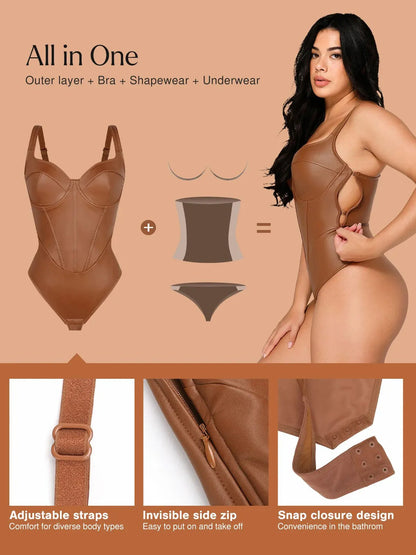 Shapewear Faux Leather Hourglass Corset Bodysuit