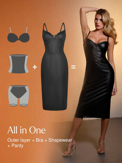 Shapewear Faux Leather Hourglass Corset Midi Dress