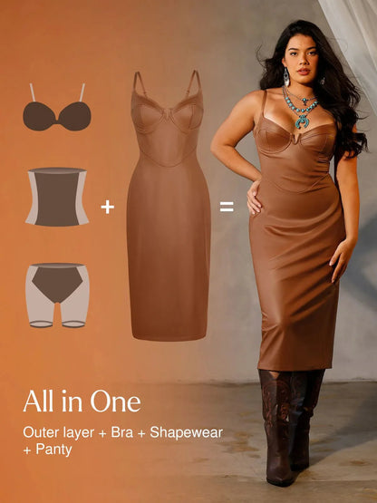 Shapewear Faux Leather Hourglass Corset Midi Dress