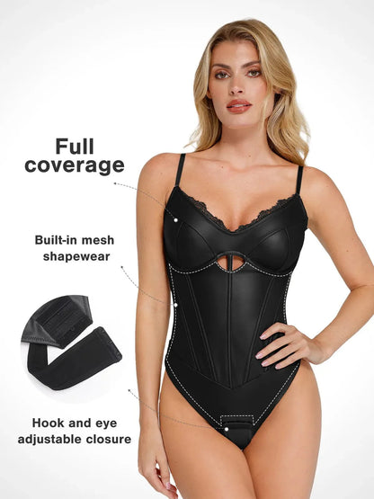 Shapewear Faux Leather Hourglass Cutout Corset Bodysuit