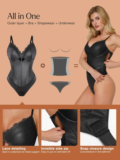 Shapewear Faux Leather Hourglass Cutout Corset Bodysuit