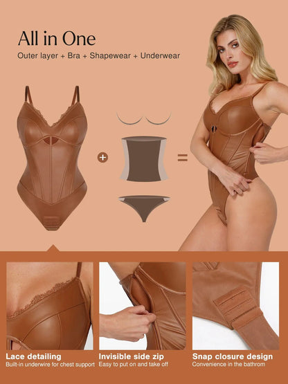 Shapewear Faux Leather Hourglass Cutout Corset Bodysuit