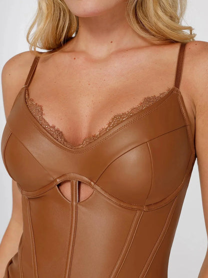 Shapewear Faux Leather Hourglass Cutout Corset Bodysuit