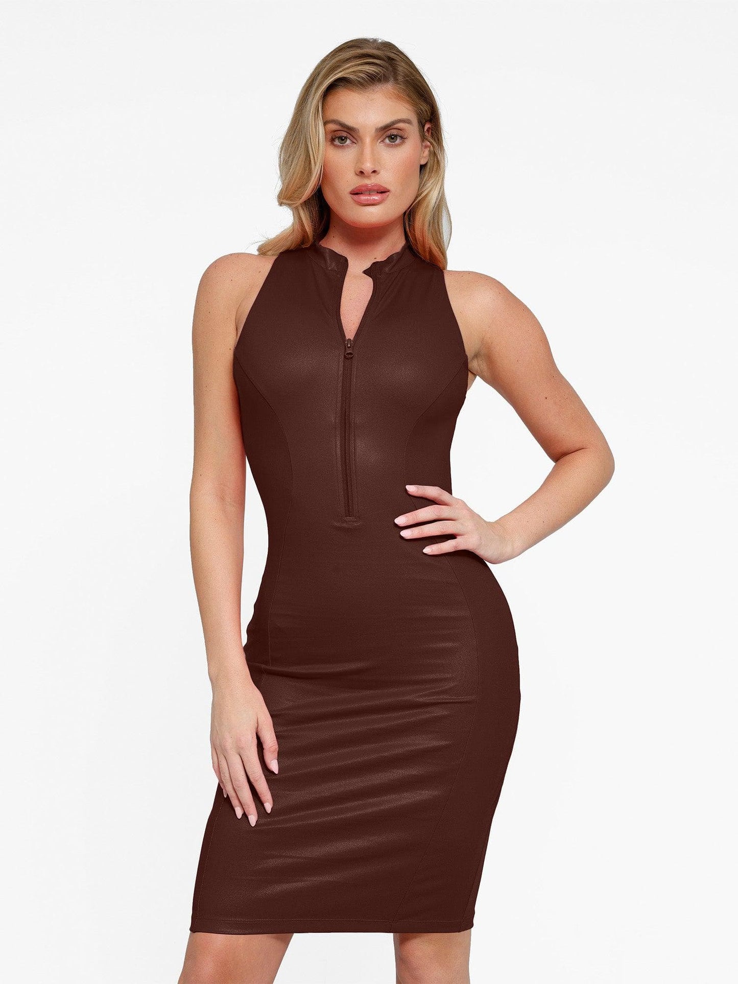 Shapewear Sculpting Faux Leather Zip Front Midi Dress