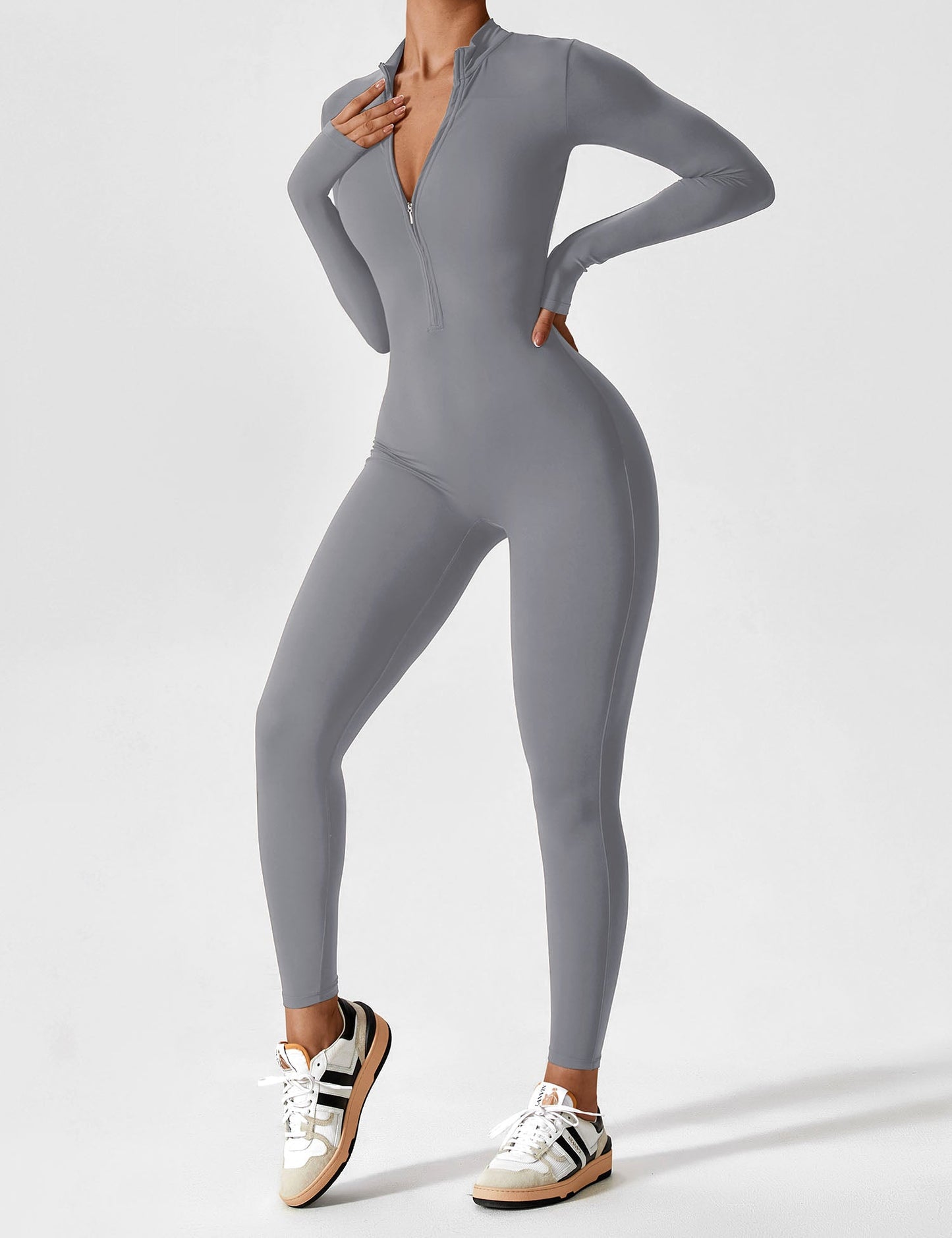 Long Sleeve/ Short Sleeve Zipper Jumpsuit